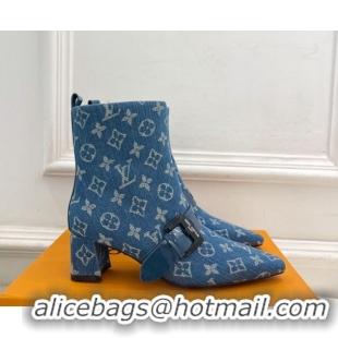 Best Grade Louis Vuitton Fusee Heel Ankle Boots 5cm in Monogram Denim with Buckle Strap Blue 1022011