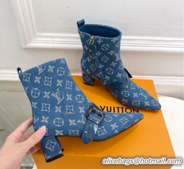 Best Grade Louis Vuitton Fusee Heel Ankle Boots 5cm in Monogram Denim with Buckle Strap Blue 1022011