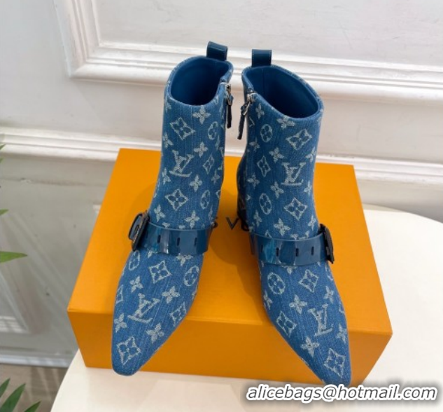 Best Grade Louis Vuitton Fusee Heel Ankle Boots 5cm in Monogram Denim with Buckle Strap Blue 1022011