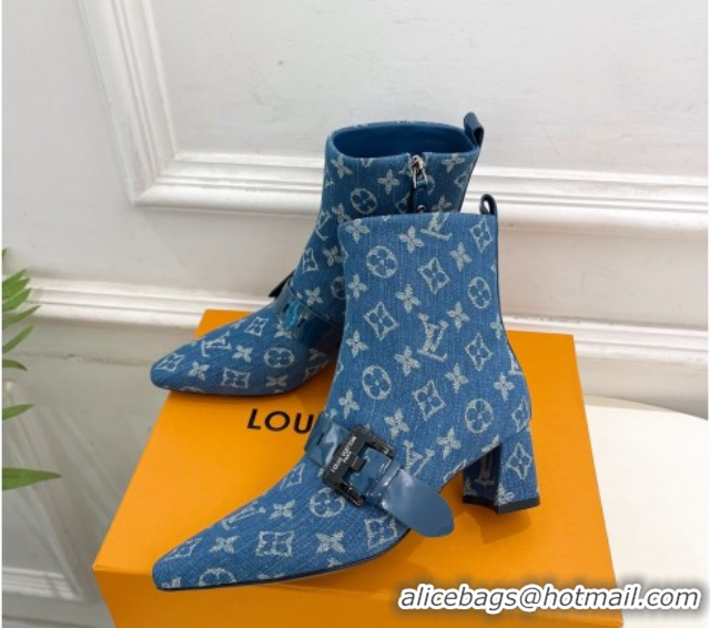 Best Grade Louis Vuitton Fusee Heel Ankle Boots 5cm in Monogram Denim with Buckle Strap Blue 1022011