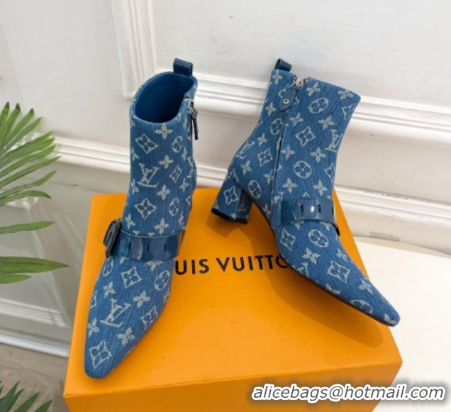 Best Grade Louis Vuitton Fusee Heel Ankle Boots 5cm in Monogram Denim with Buckle Strap Blue 1022011