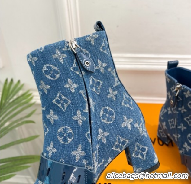 Best Grade Louis Vuitton Fusee Heel Ankle Boots 5cm in Monogram Denim with Buckle Strap Blue 1022011