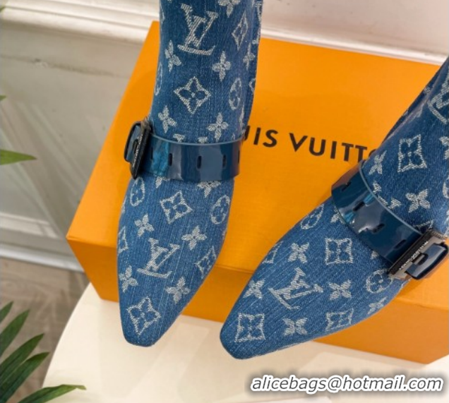 Best Grade Louis Vuitton Fusee Heel Ankle Boots 5cm in Monogram Denim with Buckle Strap Blue 1022011