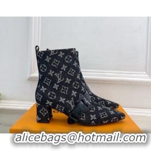 Trendy Design Louis Vuitton Fusee Heel Ankle Boots 5cm in Monogram Denim with Buckle Strap Black 1022012