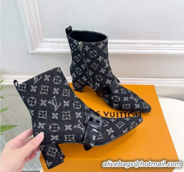 Trendy Design Louis Vuitton Fusee Heel Ankle Boots 5cm in Monogram Denim with Buckle Strap Black 1022012