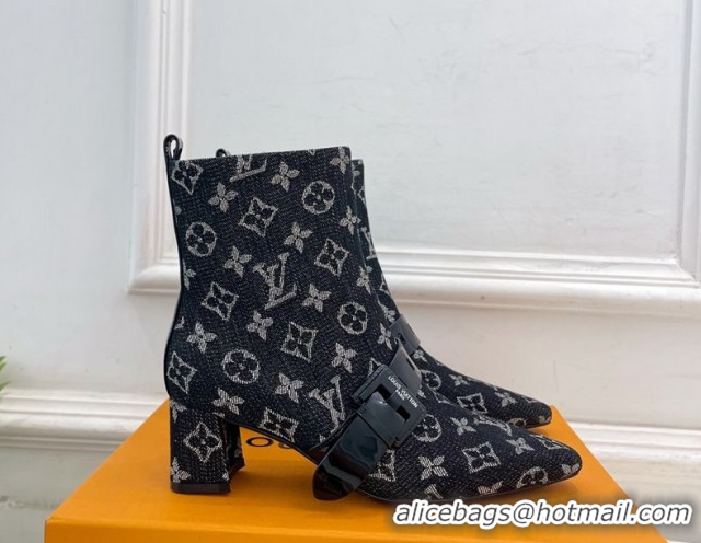 Trendy Design Louis Vuitton Fusee Heel Ankle Boots 5cm in Monogram Denim with Buckle Strap Black 1022012