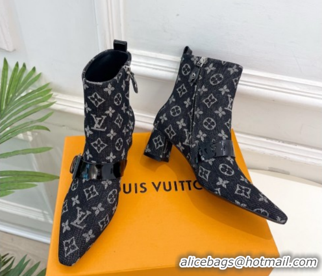 Trendy Design Louis Vuitton Fusee Heel Ankle Boots 5cm in Monogram Denim with Buckle Strap Black 1022012