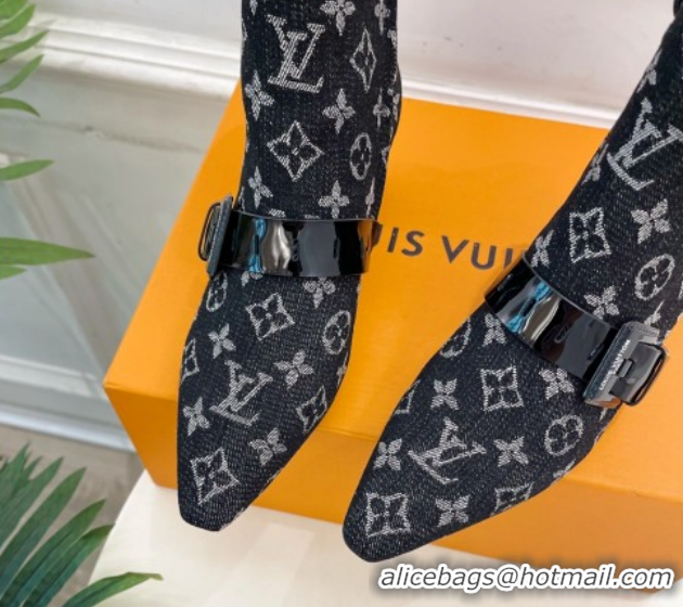 Trendy Design Louis Vuitton Fusee Heel Ankle Boots 5cm in Monogram Denim with Buckle Strap Black 1022012