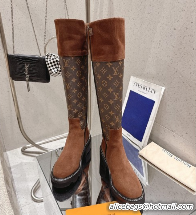 Stylish Louis Vuitton Monogram Canvas and Suede High Boots 3.5cm with Buckle Brown LV102202 1022013