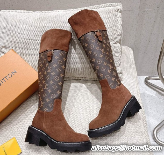 Stylish Louis Vuitton Monogram Canvas and Suede High Boots 3.5cm with Buckle Brown LV102202 1022013