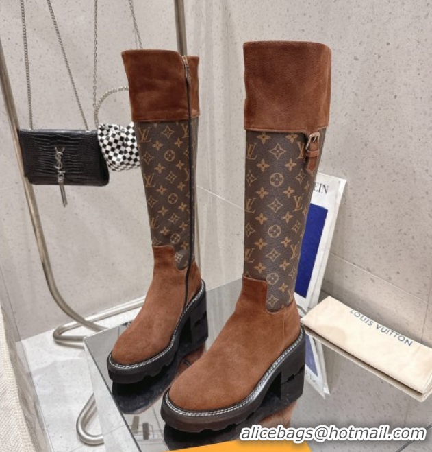 Stylish Louis Vuitton Monogram Canvas and Suede High Boots 3.5cm with Buckle Brown LV102202 1022013