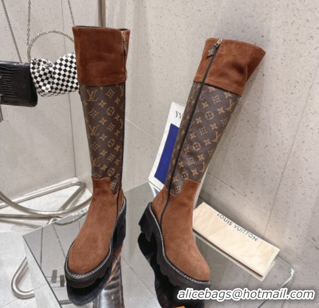 Stylish Louis Vuitton Monogram Canvas and Suede High Boots 3.5cm with Buckle Brown LV102202 1022013