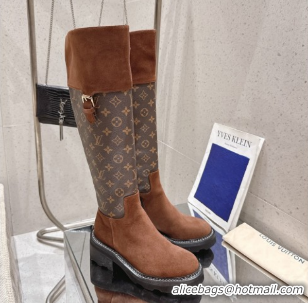 Stylish Louis Vuitton Monogram Canvas and Suede High Boots 3.5cm with Buckle Brown LV102202 1022013