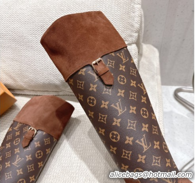 Stylish Louis Vuitton Monogram Canvas and Suede High Boots 3.5cm with Buckle Brown LV102202 1022013
