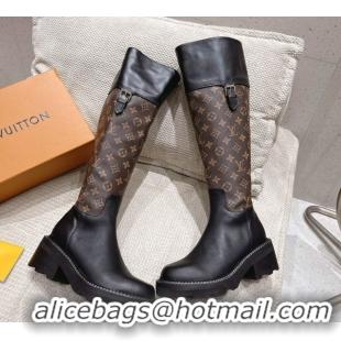 Luxury Cheap Louis Vuitton Monogram Canvas and Leather High Boots 3.5cm with Buckle Black/Brown LV102202 1022014