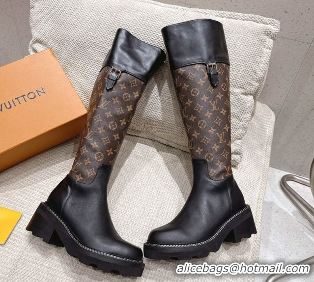 Luxury Cheap Louis Vuitton Monogram Canvas and Leather High Boots 3.5cm with Buckle Black/Brown LV102202 1022014