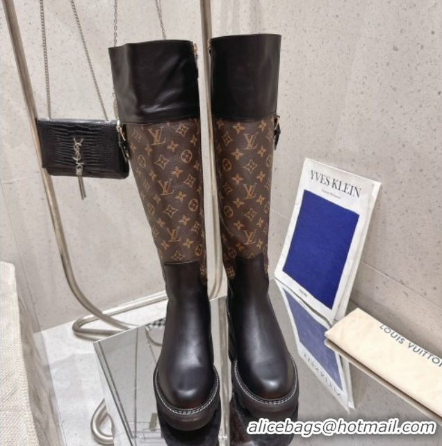 Luxury Cheap Louis Vuitton Monogram Canvas and Leather High Boots 3.5cm with Buckle Black/Brown LV102202 1022014