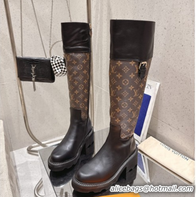 Luxury Cheap Louis Vuitton Monogram Canvas and Leather High Boots 3.5cm with Buckle Black/Brown LV102202 1022014