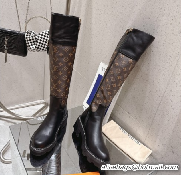 Luxury Cheap Louis Vuitton Monogram Canvas and Leather High Boots 3.5cm with Buckle Black/Brown LV102202 1022014