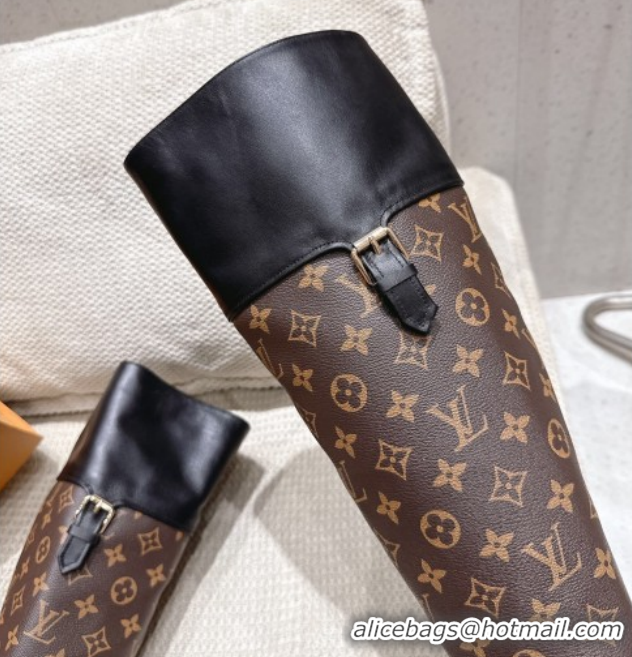 Luxury Cheap Louis Vuitton Monogram Canvas and Leather High Boots 3.5cm with Buckle Black/Brown LV102202 1022014