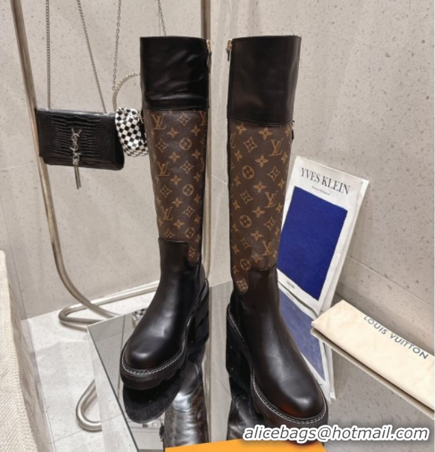 Luxury Cheap Louis Vuitton Monogram Canvas and Leather High Boots 3.5cm with Buckle Black/Brown LV102202 1022014