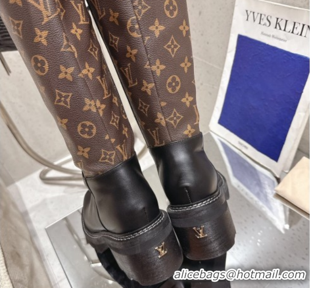 Luxury Cheap Louis Vuitton Monogram Canvas and Leather High Boots 3.5cm with Buckle Black/Brown LV102202 1022014