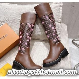 Luxury Louis Vuitton LV x TM Monogram Canvas and Leather High Boots 3.5cm with Buckle Brown/Cherry Pink LV102202 1022015