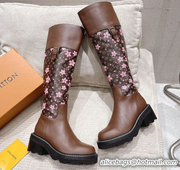 Luxury Louis Vuitton LV x TM Monogram Canvas and Leather High Boots 3.5cm with Buckle Brown/Cherry Pink LV102202 1022015