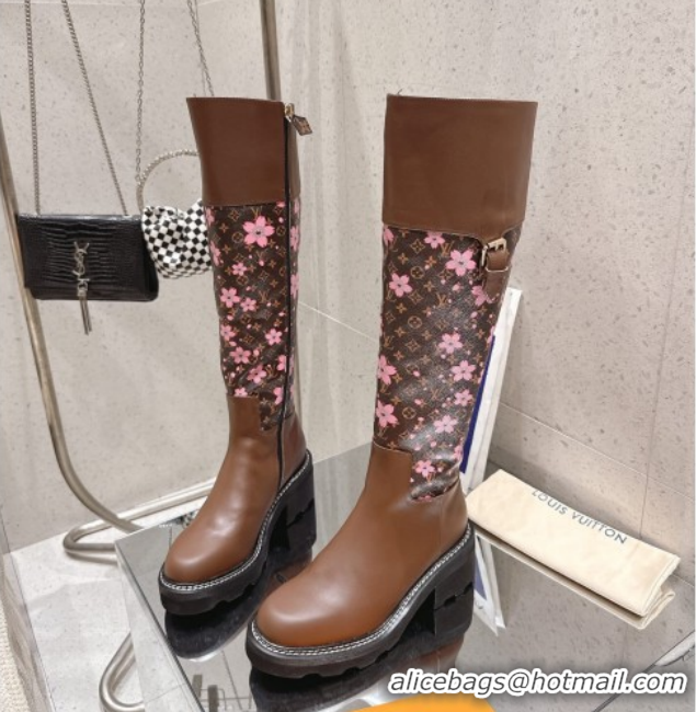 Luxury Louis Vuitton LV x TM Monogram Canvas and Leather High Boots 3.5cm with Buckle Brown/Cherry Pink LV102202 1022015