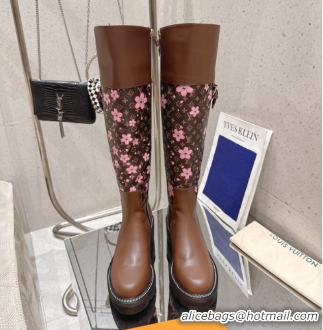 Luxury Louis Vuitton LV x TM Monogram Canvas and Leather High Boots 3.5cm with Buckle Brown/Cherry Pink LV102202 1022015