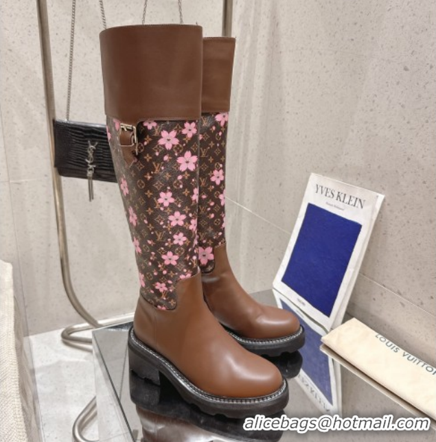 Luxury Louis Vuitton LV x TM Monogram Canvas and Leather High Boots 3.5cm with Buckle Brown/Cherry Pink LV102202 1022015