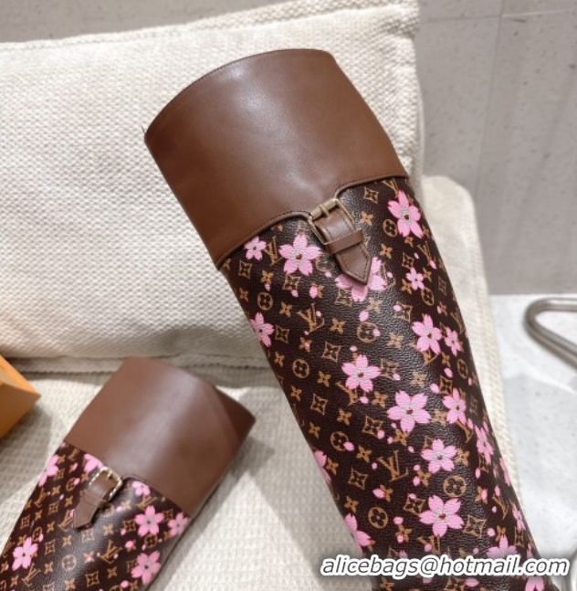 Luxury Louis Vuitton LV x TM Monogram Canvas and Leather High Boots 3.5cm with Buckle Brown/Cherry Pink LV102202 1022015