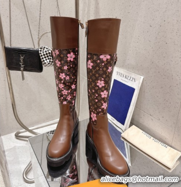 Luxury Louis Vuitton LV x TM Monogram Canvas and Leather High Boots 3.5cm with Buckle Brown/Cherry Pink LV102202 1022015
