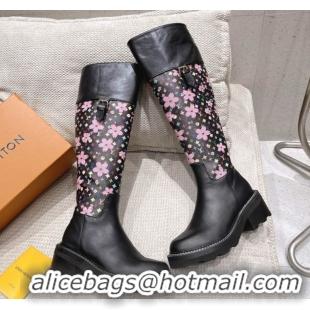 Stylish Louis Vuitton LV x TM Monogram Canvas and Leather High Boots 3.5cm with Buckle Black LV102202 1022016