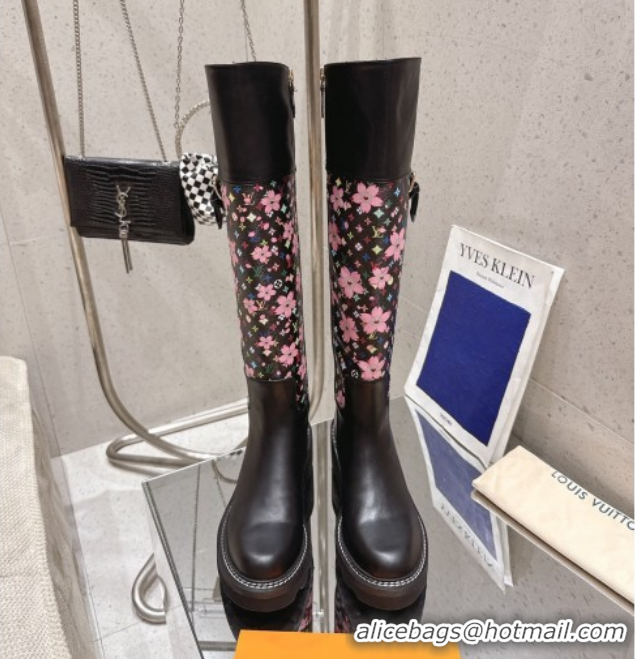 Stylish Louis Vuitton LV x TM Monogram Canvas and Leather High Boots 3.5cm with Buckle Black LV102202 1022016