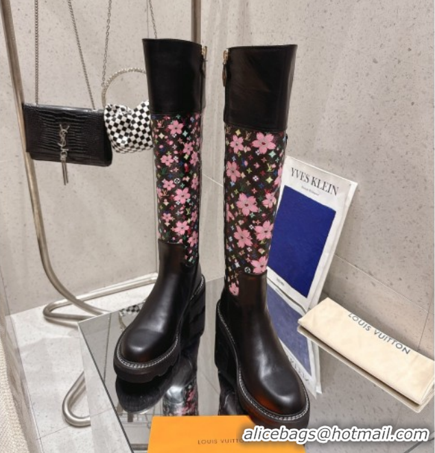 Stylish Louis Vuitton LV x TM Monogram Canvas and Leather High Boots 3.5cm with Buckle Black LV102202 1022016