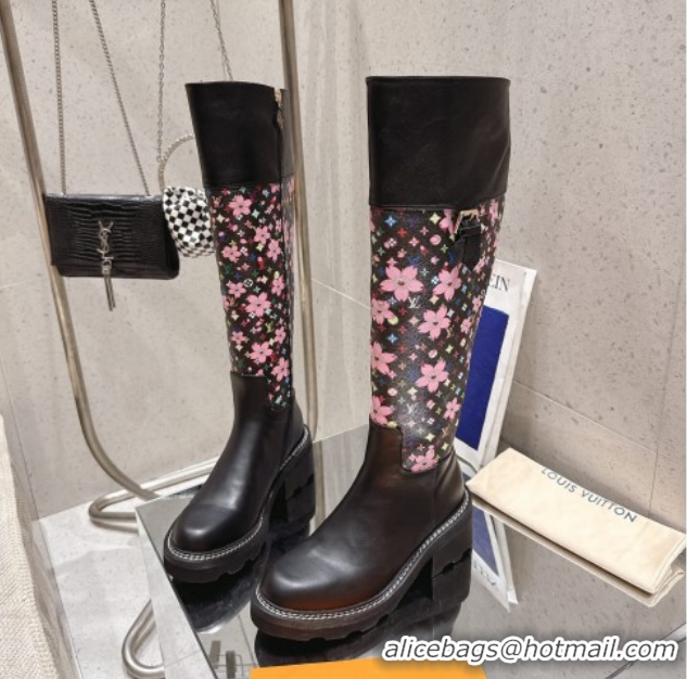 Stylish Louis Vuitton LV x TM Monogram Canvas and Leather High Boots 3.5cm with Buckle Black LV102202 1022016