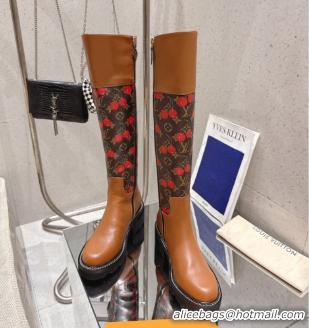 Feminine Louis Vuitton LV x TM Monogram Canvas and Leather High Boots 3.5cm with Buckle Brown/Cherry Red LV102202 102201