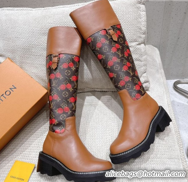 Feminine Louis Vuitton LV x TM Monogram Canvas and Leather High Boots 3.5cm with Buckle Brown/Cherry Red LV102202 102201