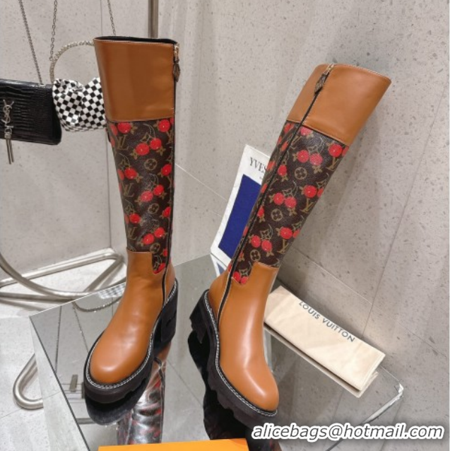 Feminine Louis Vuitton LV x TM Monogram Canvas and Leather High Boots 3.5cm with Buckle Brown/Cherry Red LV102202 102201