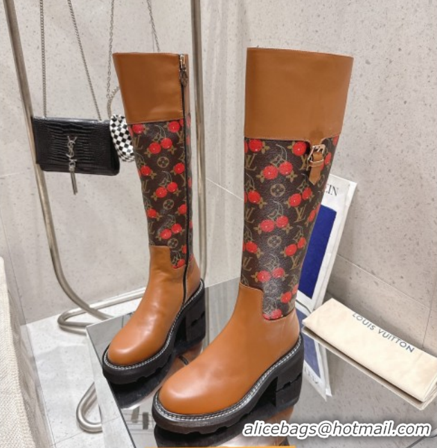 Feminine Louis Vuitton LV x TM Monogram Canvas and Leather High Boots 3.5cm with Buckle Brown/Cherry Red LV102202 102201