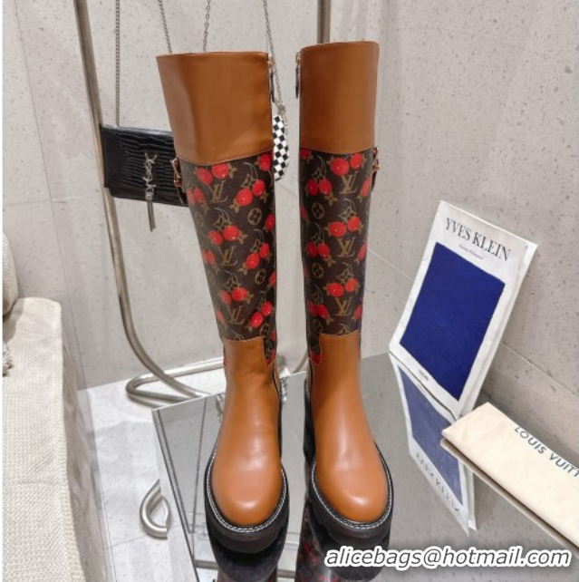 Feminine Louis Vuitton LV x TM Monogram Canvas and Leather High Boots 3.5cm with Buckle Brown/Cherry Red LV102202 102201