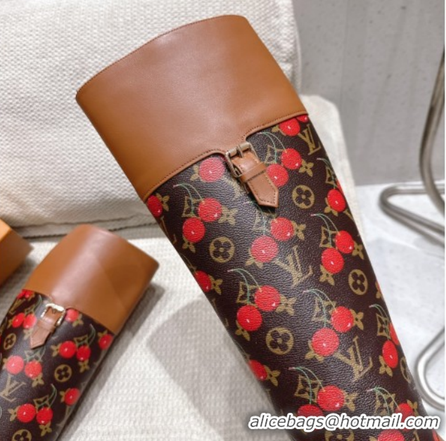 Feminine Louis Vuitton LV x TM Monogram Canvas and Leather High Boots 3.5cm with Buckle Brown/Cherry Red LV102202 102201