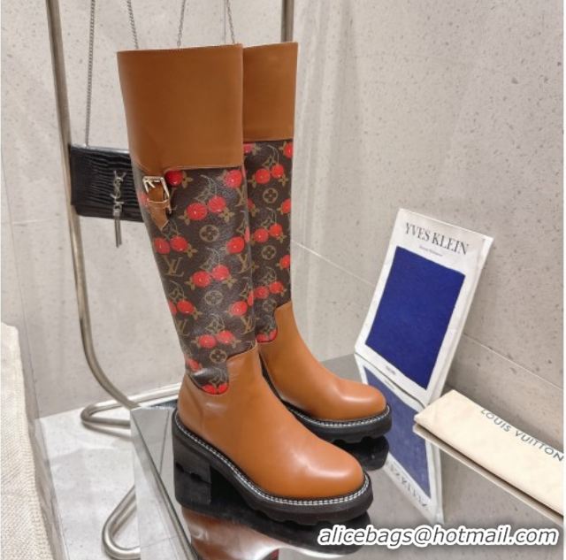 Feminine Louis Vuitton LV x TM Monogram Canvas and Leather High Boots 3.5cm with Buckle Brown/Cherry Red LV102202 102201
