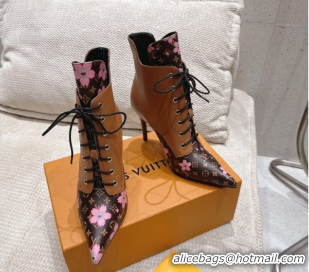 Perfect Louis Vuitton LV x TM Monogram Canvas and Leather Laced-up Ankle Boots 9cm Brown LV102203 1022021