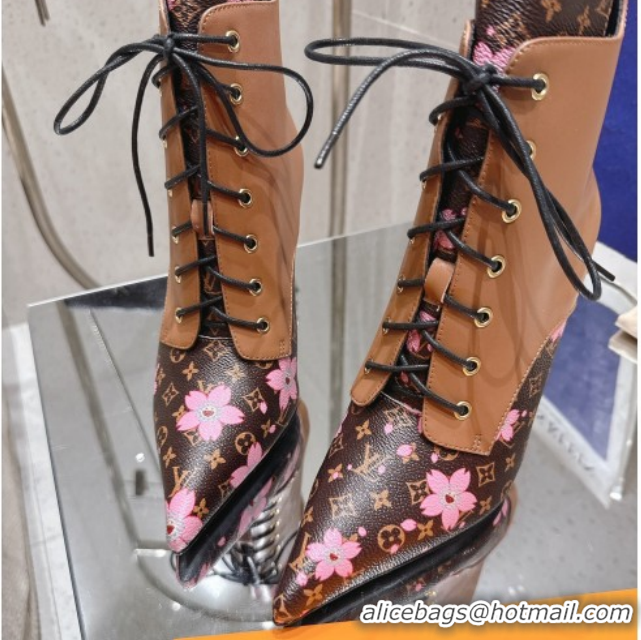 Perfect Louis Vuitton LV x TM Monogram Canvas and Leather Laced-up Ankle Boots 9cm Brown LV102203 1022021