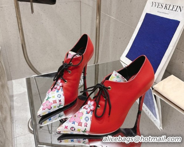 Good Quality Louis Vuitton LV x TM Monogram Canvas and Leather Laced-up Pumps 9cm Red LV102203 1022023