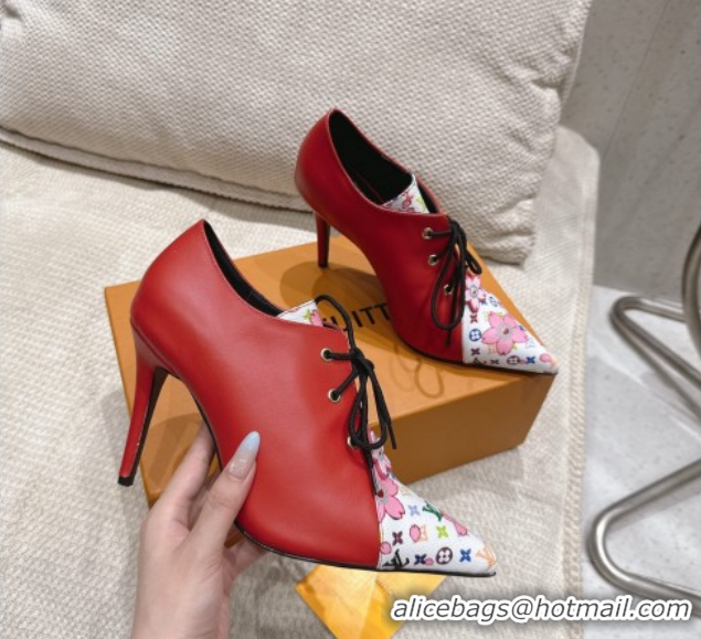 Good Quality Louis Vuitton LV x TM Monogram Canvas and Leather Laced-up Pumps 9cm Red LV102203 1022023