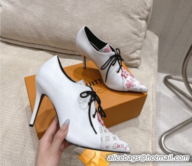 Discount Louis Vuitton LV x TM Monogram Canvas and Leather Laced-up Pumps 9cm White LV102203 1022024