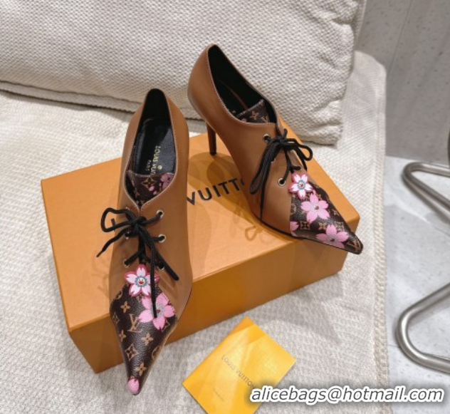 Cheap Price Louis Vuitton LV x TM Monogram Canvas and Leather Laced-up Pumps 9cm Brown LV102203 1022027